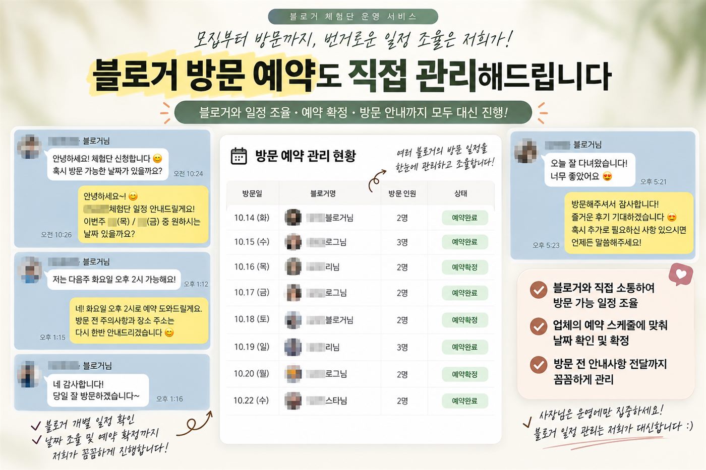 광주전남 블로그체험단 블로거 방문 예약 관리 - 일정 조율, 예약 확정, 방문 안내 대행